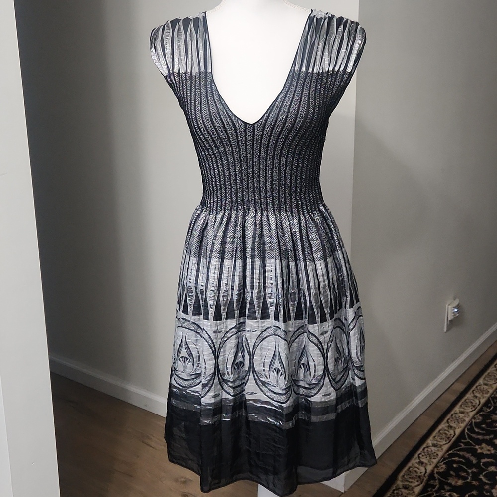 Metallic Black Silver Jacquard V-neck Smocked Dress Boho S